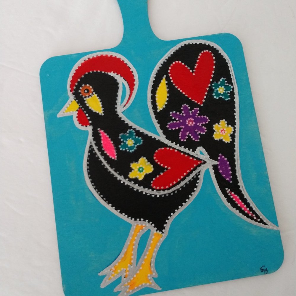 Handmade Portuguese Rooster Of Barcelos Painting On Mini Cutting Board Black